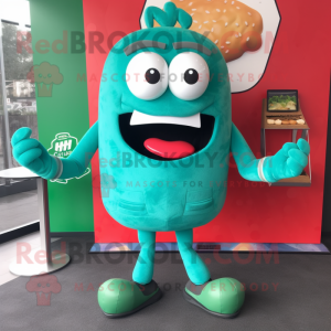 Teal Burgers mascot costume character dressed with a Playsuit and Shoe clips