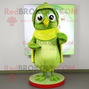 Lime Green Owl mascot costume character dressed with a Wrap Dress and Caps