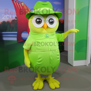Lime Green Owl mascot costume character dressed with a Wrap Dress and Caps