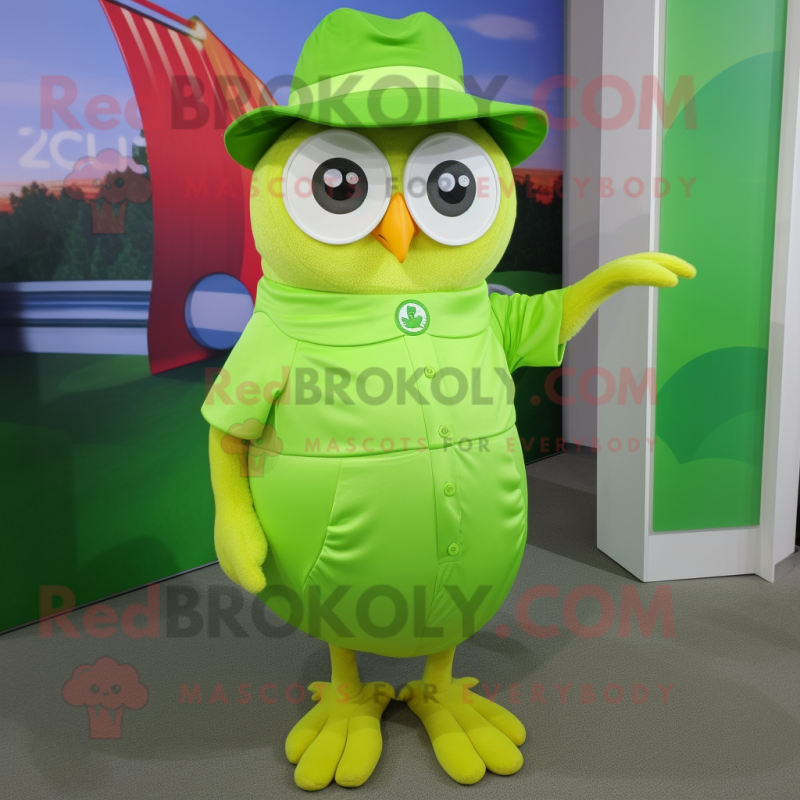 Lime Green Owl mascot costume character dressed with a Wrap Dress and Caps