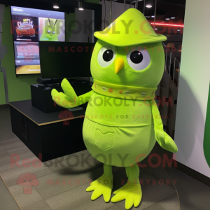 Lime Green Owl mascot costume character dressed with a Wrap Dress and Caps