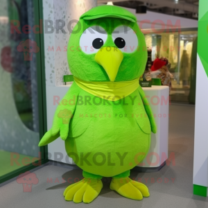 Lime Green Owl mascot costume character dressed with a Wrap Dress and Caps