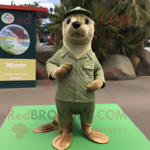 Olive Sea Lion mascot costume character dressed with a Henley Shirt and Shoe clips