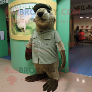 Olive Sea Lion mascot costume character dressed with a Henley Shirt and Shoe clips