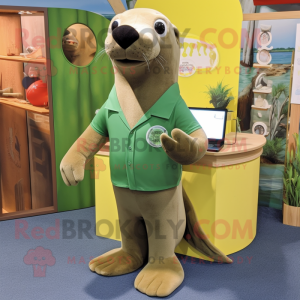 Olive Sea Lion mascot costume character dressed with a Henley Shirt and Shoe clips