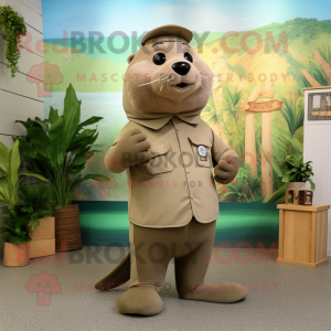 Olive Sea Lion mascot costume character dressed with a Henley Shirt and Shoe clips