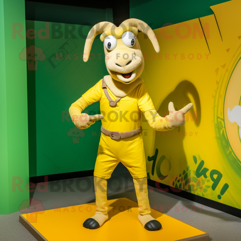 Yellow Goat mascot costume character dressed with a Playsuit and Ties