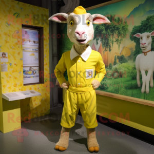 Yellow Goat mascot costume character dressed with a Playsuit and Ties