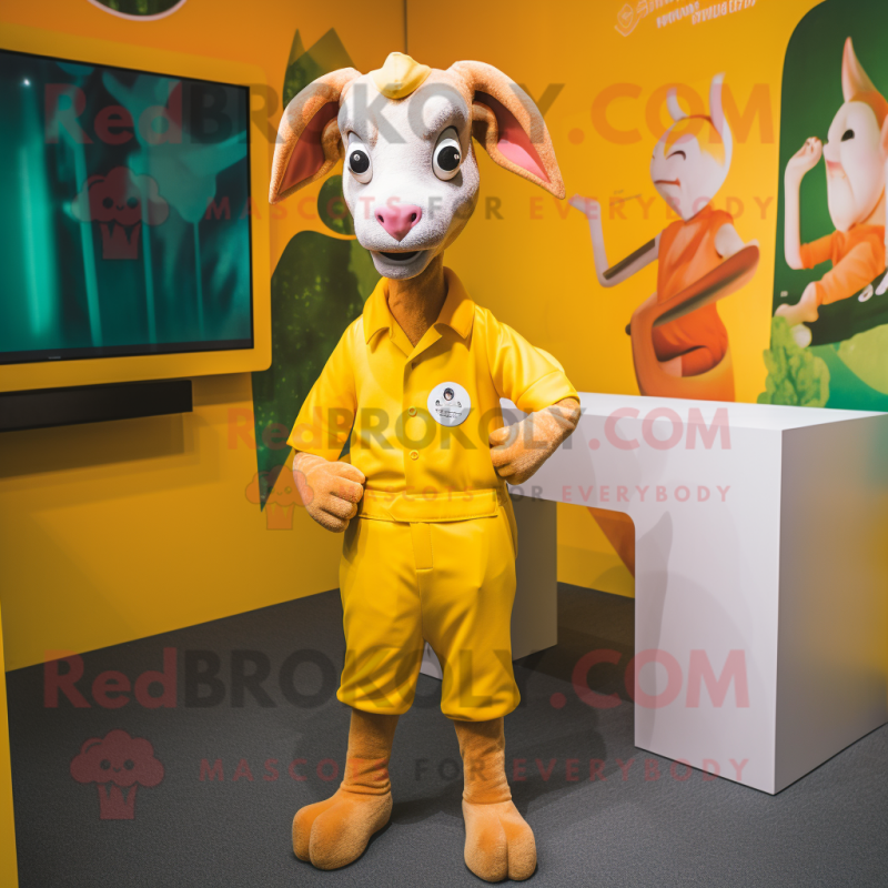 Yellow Goat mascot costume character dressed with a Playsuit and Ties Yellow Goat mascot costume character dressed with a Playsuit and Ties