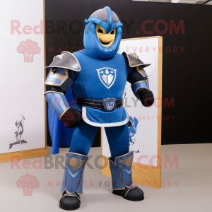 Blue Medieval Knight mascot costume character dressed with a Rugby Shirt and Anklets