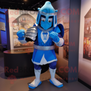 Blue Medieval Knight mascot costume character dressed with a Rugby Shirt and Anklets