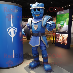 Blue Medieval Knight mascot costume character dressed with a Rugby Shirt and Anklets