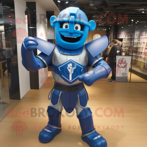 Blue Medieval Knight mascot costume character dressed with a Rugby Shirt and Anklets