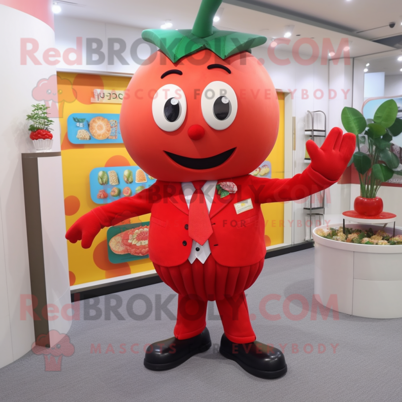 nan Tomato mascot costume character dressed with a Suit and Coin purses