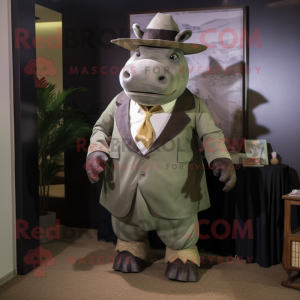 Olive Rhinoceros mascot costume character dressed with a Dress Shirt and Hats