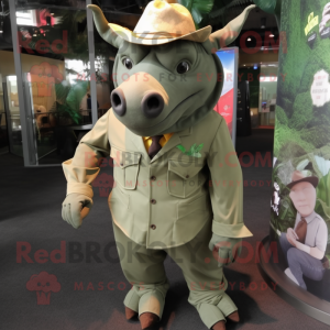 Olive Rhinoceros mascot costume character dressed with a Dress Shirt and Hats