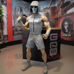 Gray Gi Joe mascot costume character dressed with a Running Shorts and Cufflinks