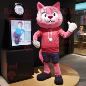 Pink Cat mascot costume character dressed with a Henley Tee and Digital watches