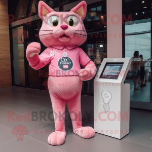 Pink Cat mascot costume character dressed with a Henley Tee and Digital watches