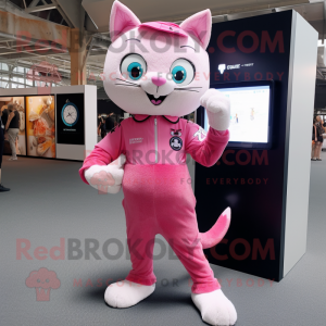 Pink Cat mascot costume character dressed with a Henley Tee and Digital watches
