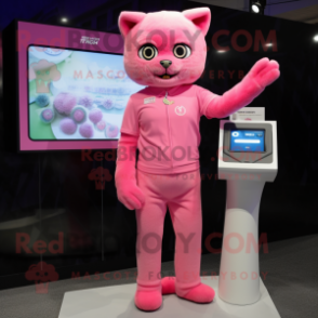 Pink Cat mascot costume character dressed with a Henley Tee and Digital watches