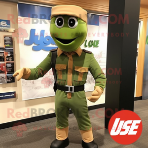 Olive Gi Joe mascot costume character dressed with a Jeggings and Lapel pins