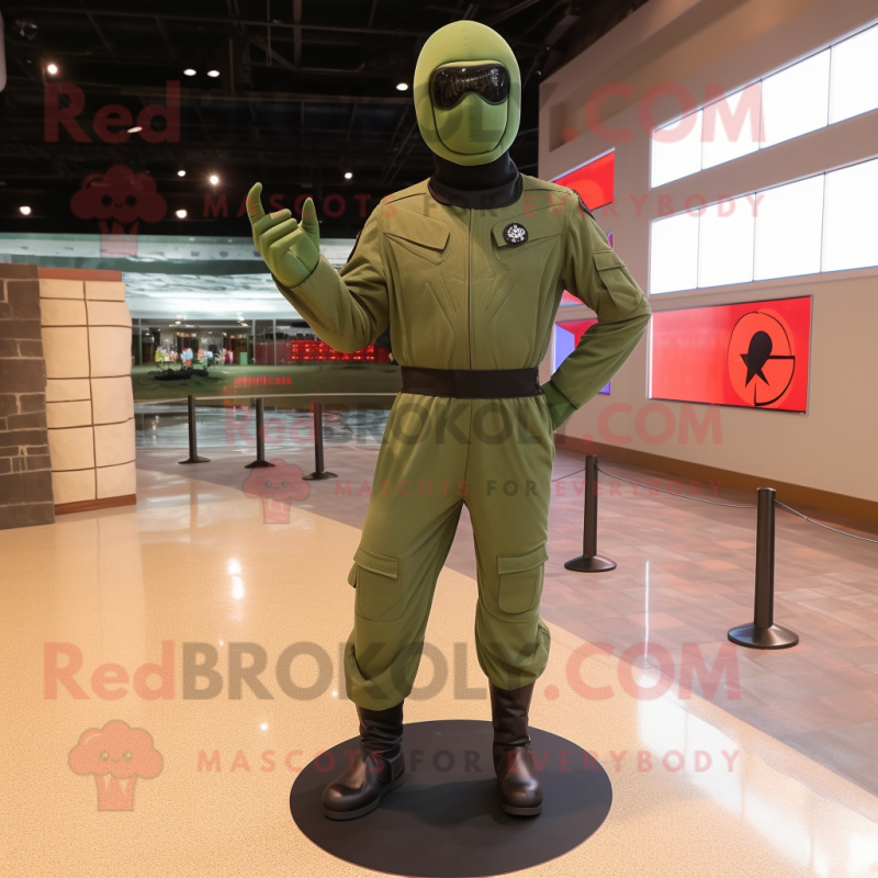 Olive Gi Joe mascot costume character dressed with a Jeggings and Lapel pins