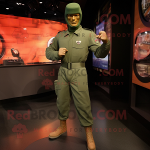 Olive Gi Joe mascot costume character dressed with a Jeggings and Lapel pins