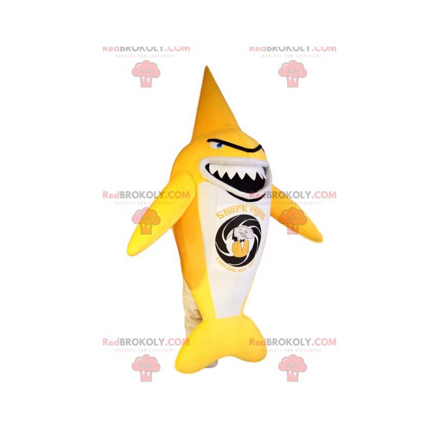 Mascotte de requin jaune et blanc très original. Costume de