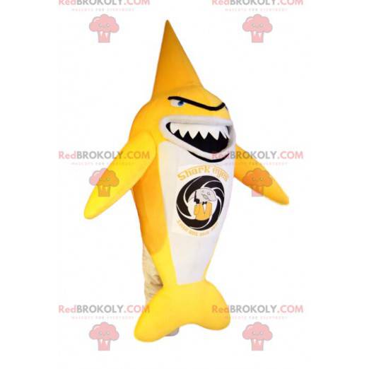 Mascote muito original do tubarão amarelo e branco. Fantasia de