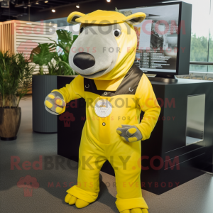 Lemon Yellow Tapir mascot costume character dressed with a Overalls and Rings