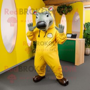 Lemon Yellow Tapir mascot costume character dressed with a Overalls and Rings