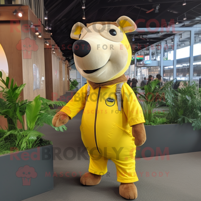 Lemon Yellow Tapir mascot costume character dressed with a Overalls and Rings Lemon Yellow Tapir mascot costume character dressed with a Overalls and Rings