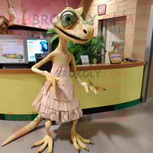 Tan Coelophysis mascot costume character dressed with a Wrap Skirt and Shoe clips