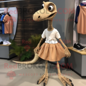 Tan Coelophysis mascot costume character dressed with a Wrap Skirt and Shoe clips