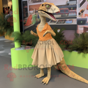 Tan Coelophysis mascot costume character dressed with a Wrap Skirt and Shoe clips