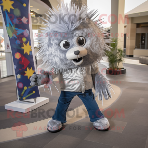 Silver Porcupine mascot costume character dressed with a Flare Jeans and Ties