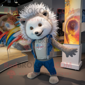 Silver Porcupine mascot costume character dressed with a Flare Jeans and Ties