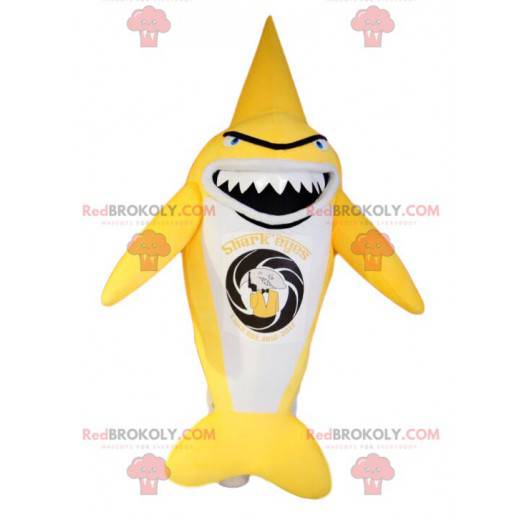 Mascotte de requin jaune et blanc très original. Costume de