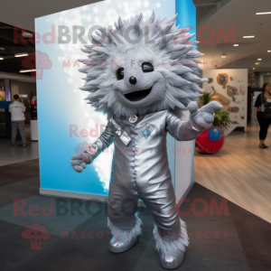 Silver Porcupine mascot costume character dressed with a Flare Jeans and Ties