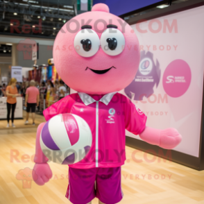 Pink Volleyball Ball mascot costume character dressed with a Button-Up Shirt and Necklaces