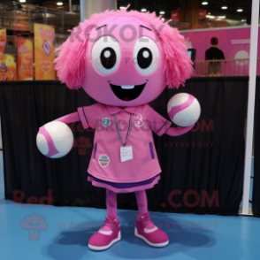 Pink Volleyball Ball mascot costume character dressed with a Button-Up Shirt and Necklaces