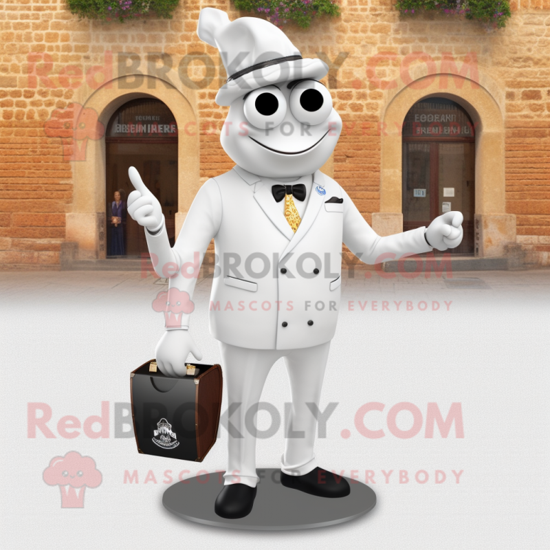 White Paella mascot costume character dressed with a Suit and Cufflinks White Paella mascot costume character dressed with a Suit and Cufflinks