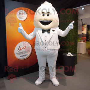 White Paella mascot costume character dressed with a Suit and Cufflinks