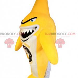 Mascotte de requin jaune et blanc très original. Costume de