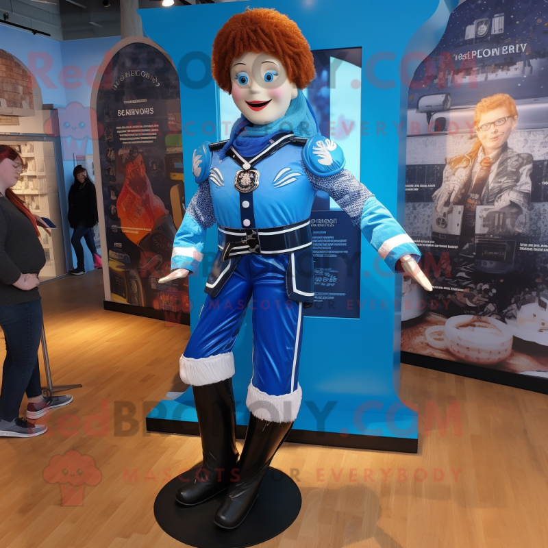 Blue Irish Dancer mascot costume character dressed with a Leather Jacket and Foot pads Blue Irish Dancer mascot costume character dressed with a Leather Jacket and Foot pads