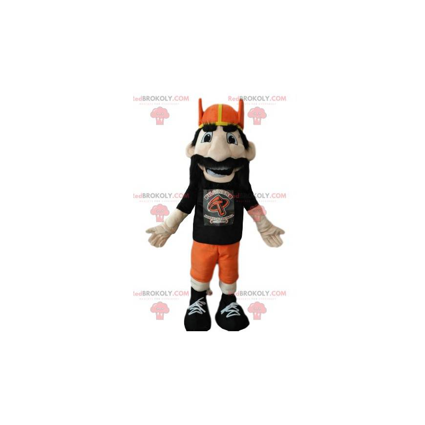 Bebaarde man mascotte met een oranje Vikinghelm - Redbrokoly.com