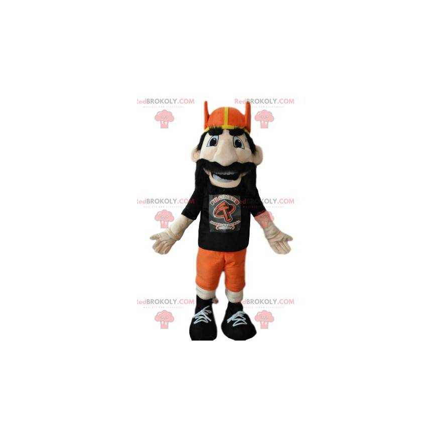 Vousatý muž maskot s oranžovou vikingskou helmou -