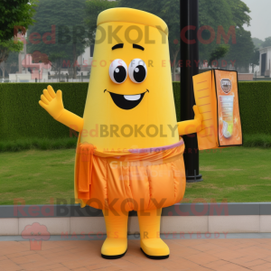 Yellow Orange mascot costume character dressed with a Empire Waist Dress and Wallets