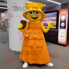 Yellow Orange mascot costume character dressed with a Empire Waist Dress and Wallets